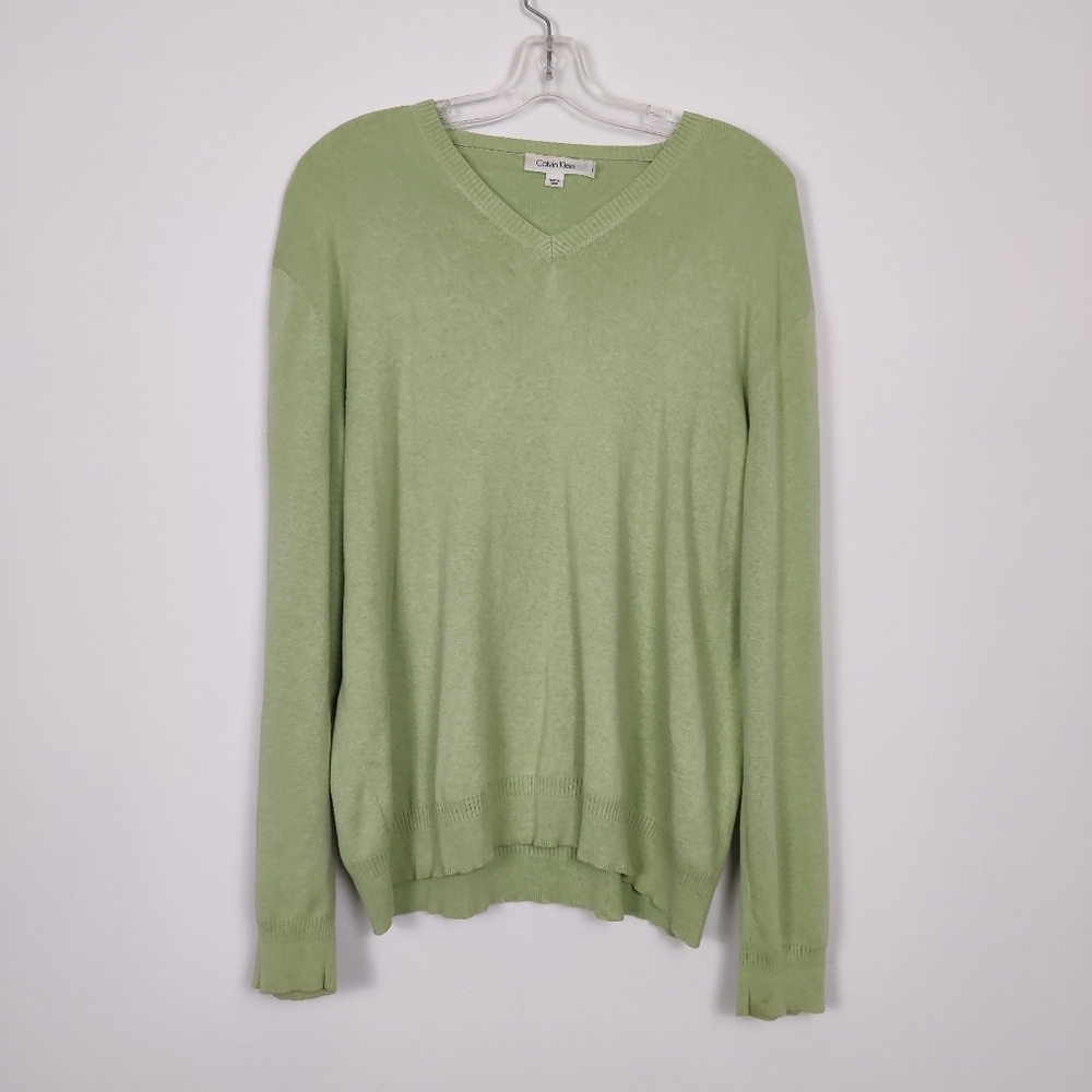 Calvin Klein Men's V-neck Green Sweater Size Large 100% Cotton Old Money